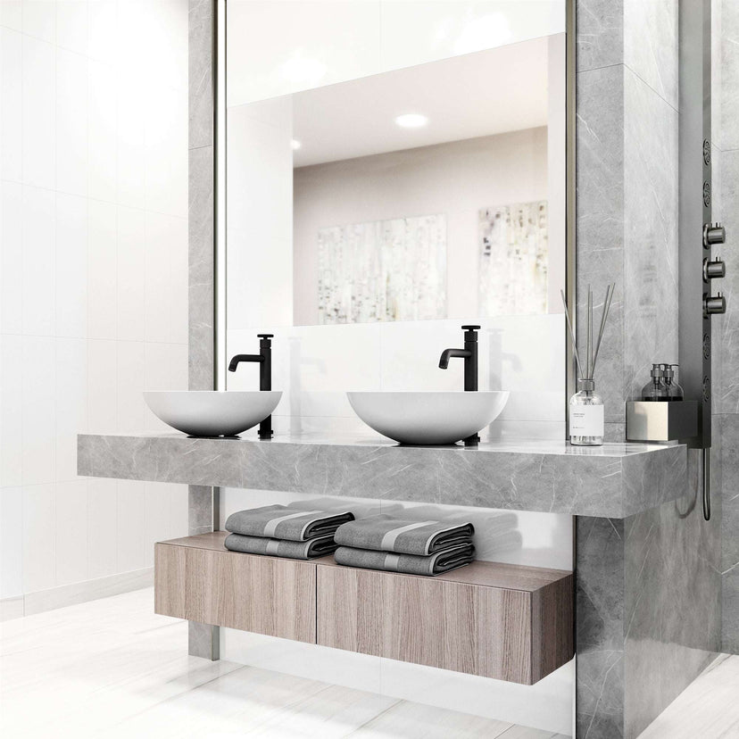 Modern deck-mounted bathroom faucet in matte black finish