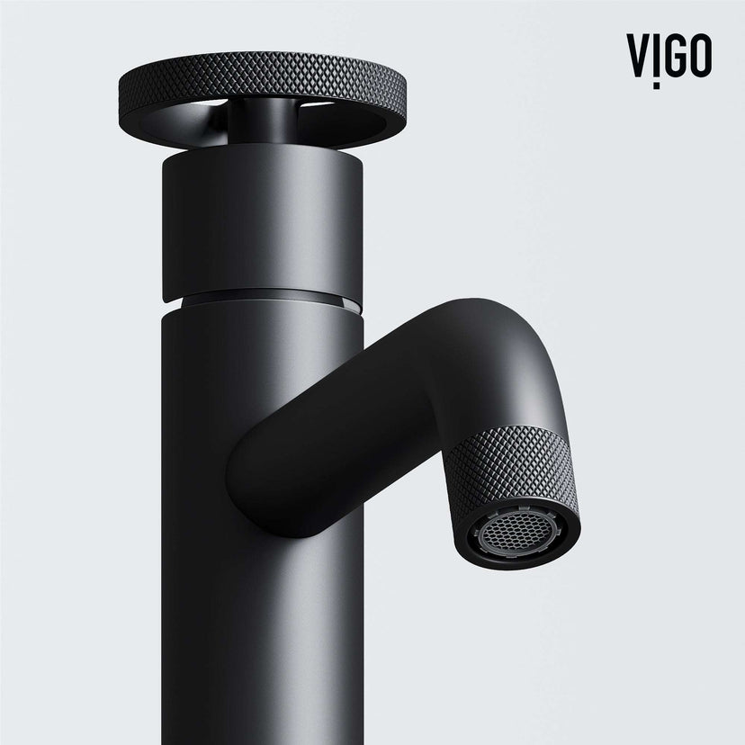 Matte black faucet featuring knob handles and modern design
