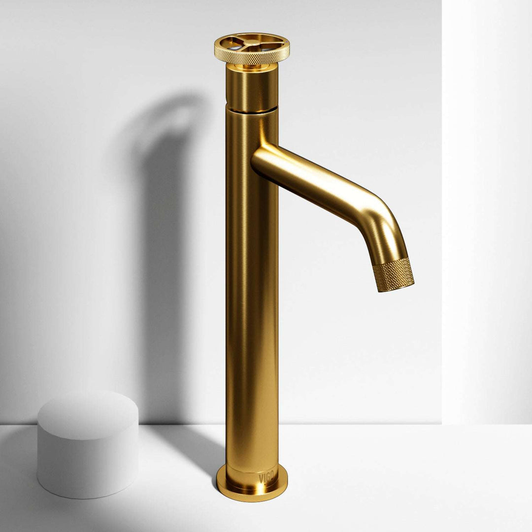 Matte brushed gold vessel faucet with high arc spout and ceramic disc valve