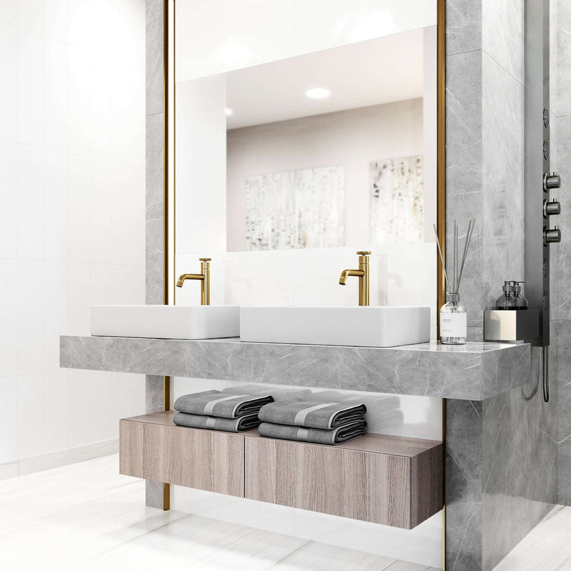 Modern deck-mounted bathroom faucet in matte brushed gold finish