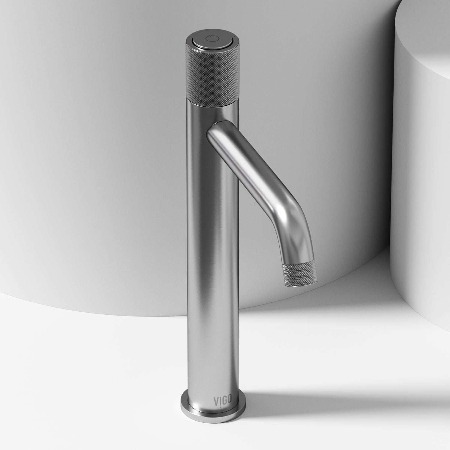 Brushed Nickel vessel faucet with high arc spout and knob handle