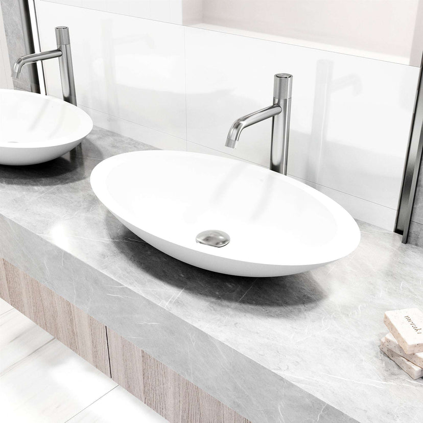 High arc spout vessel faucet with included mounting hardware and supply lines