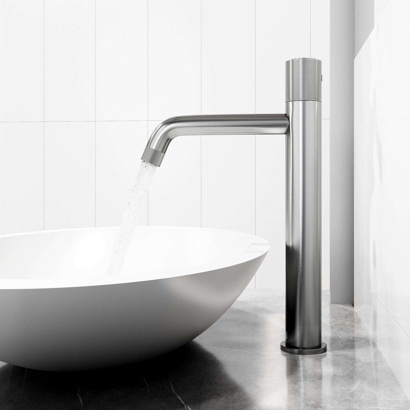 Deck-mounted faucet featuring brushed nickel finish and low flow design