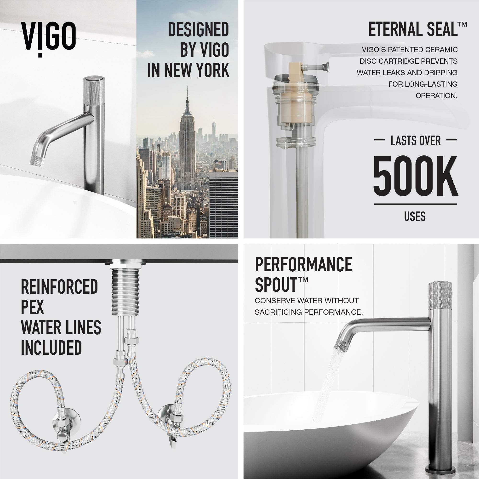 Brushed nickel vessel faucet with ceramic disk valve and matte contemporary style