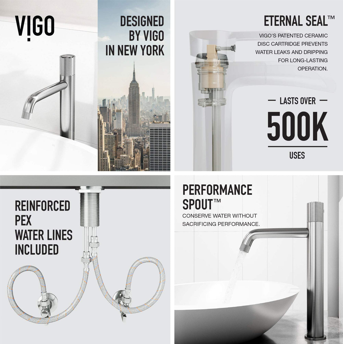 Brushed nickel vessel faucet with ceramic disk valve and matte contemporary style