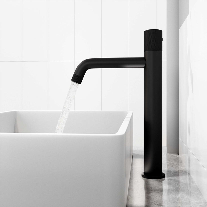 Deck-mounted faucet featuring matte black finish and low flow design