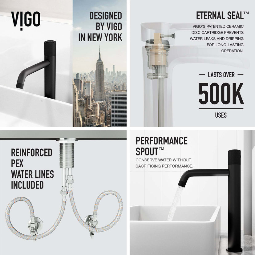 Matte black vessel faucet with ceramic disk valve and matte contemporary style