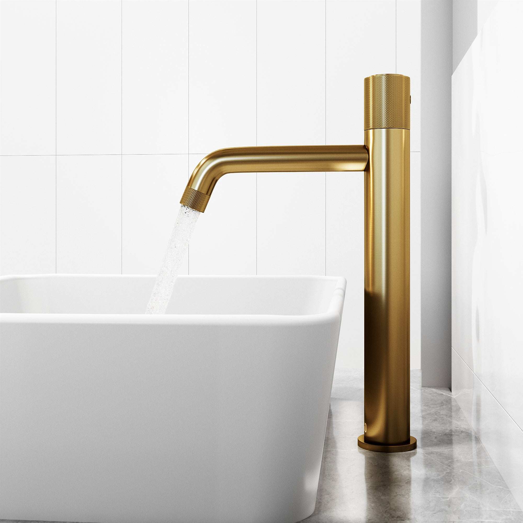 Deck-mounted faucet featuring matte brushed gold finish and low flow design