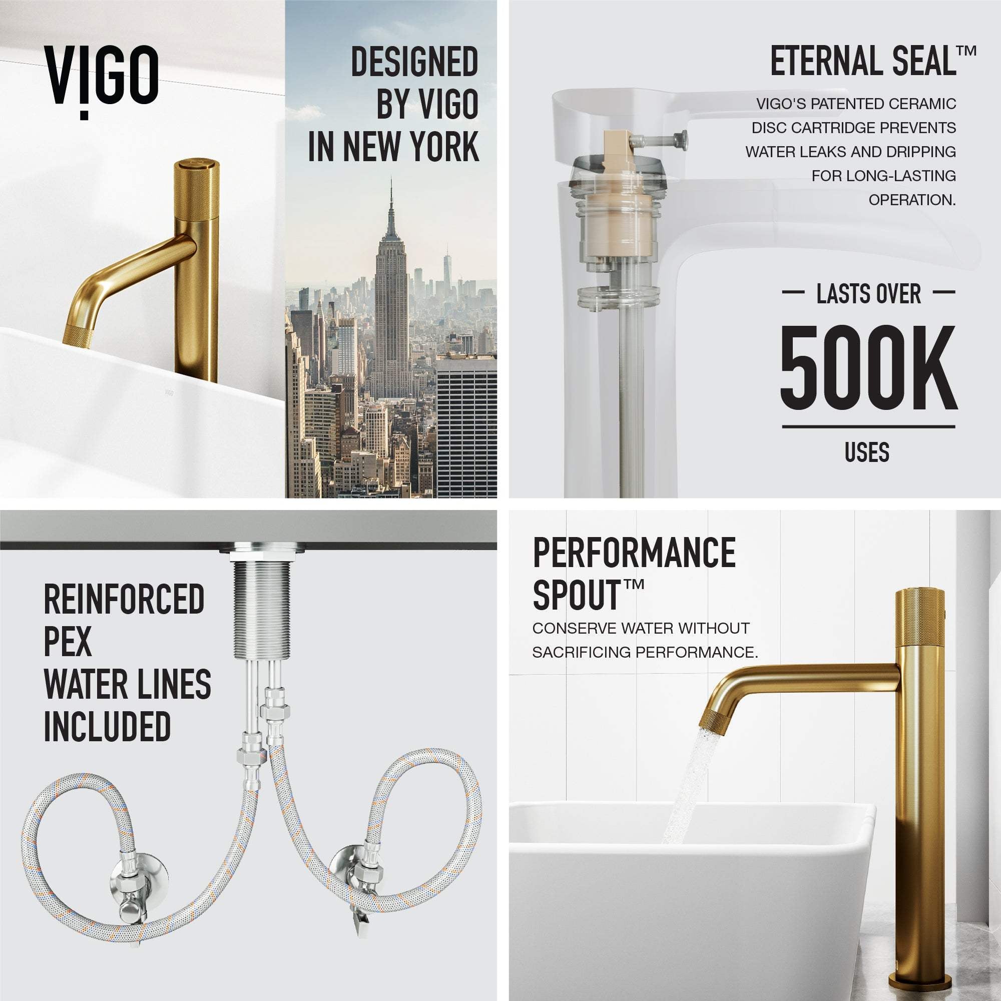 Matte brushed gold vessel faucet with ceramic disk valve and matte contemporary style