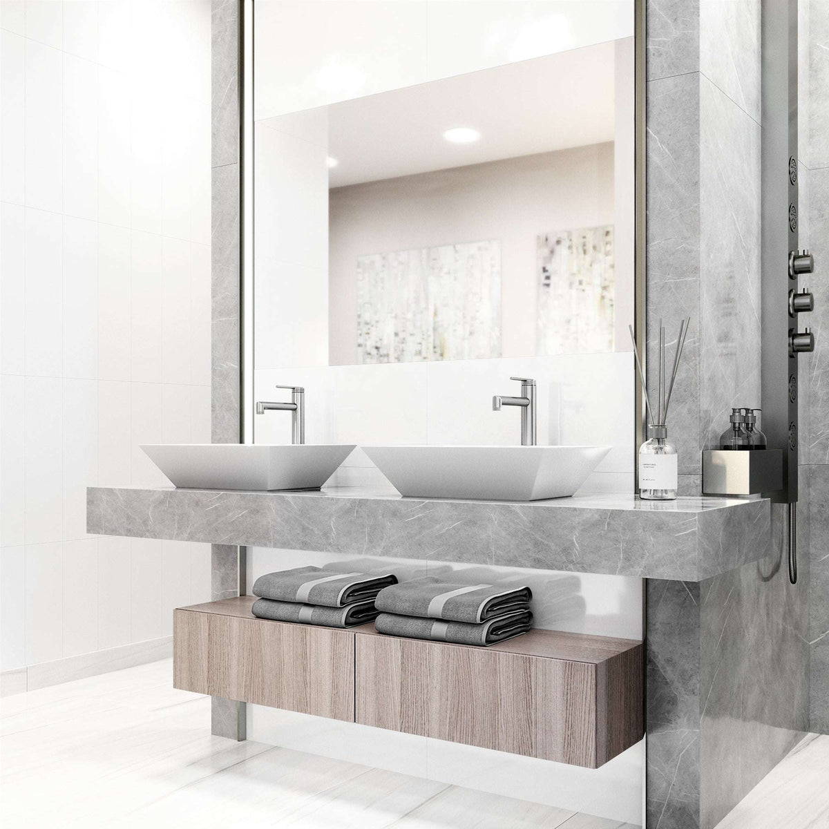 Deck-mounted bathroom faucet with brushed nickel finish and low flow