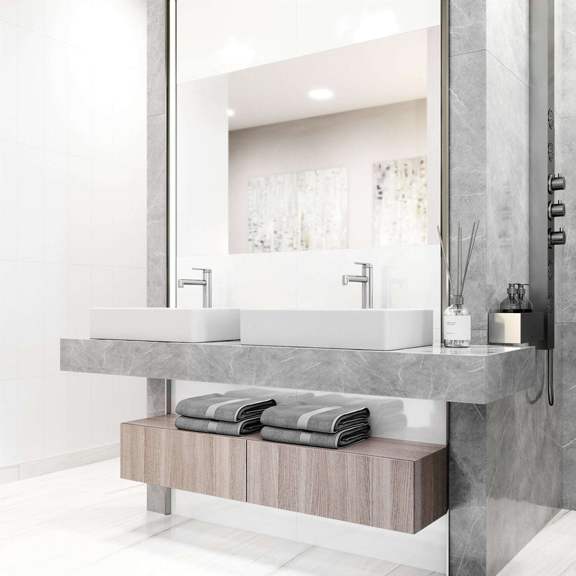 Deck-mounted bathroom faucet with chrome finish and low flow