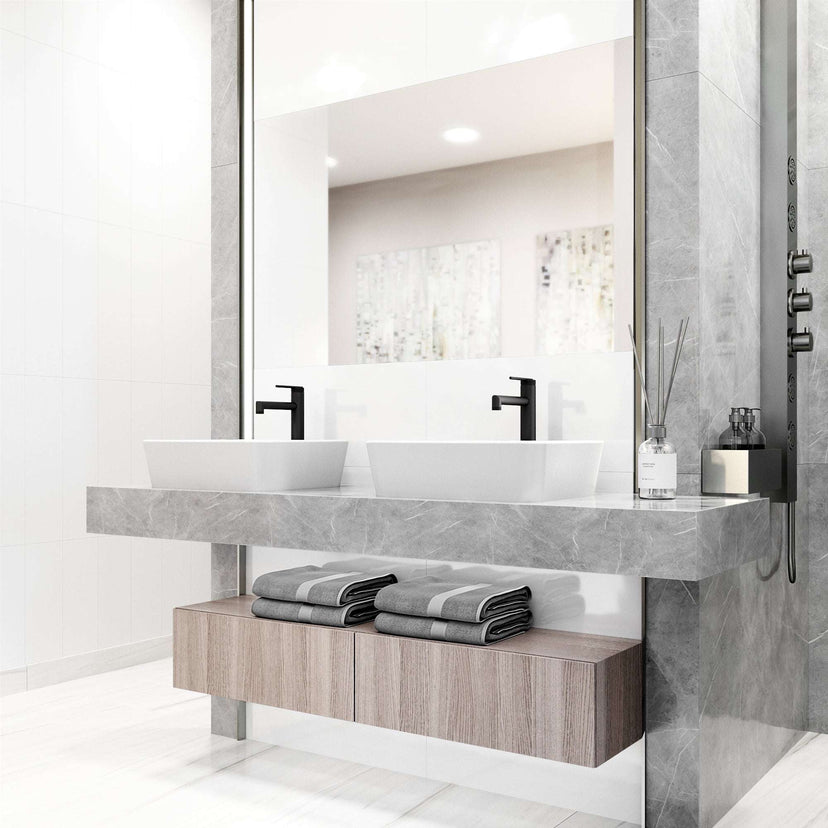 Deck-mounted bathroom faucet with matte black finish and low flow