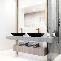 Deck-mounted bathroom faucet with matte brushed gold finish and low flow