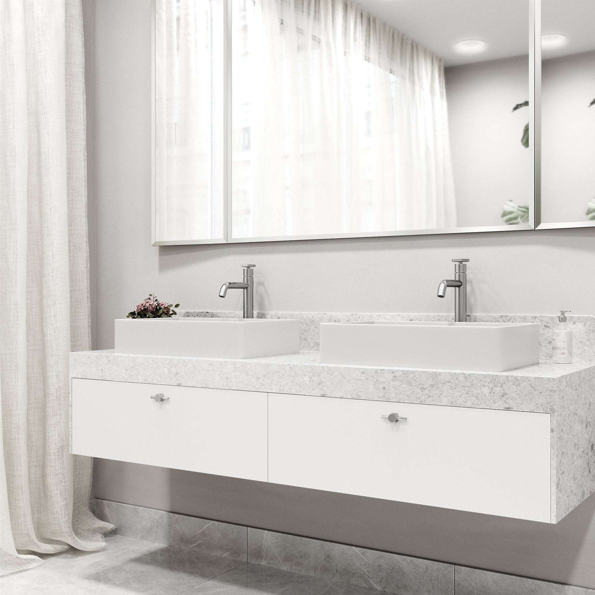Modern deck-mounted faucet featuring ceramic disc valve and low flow