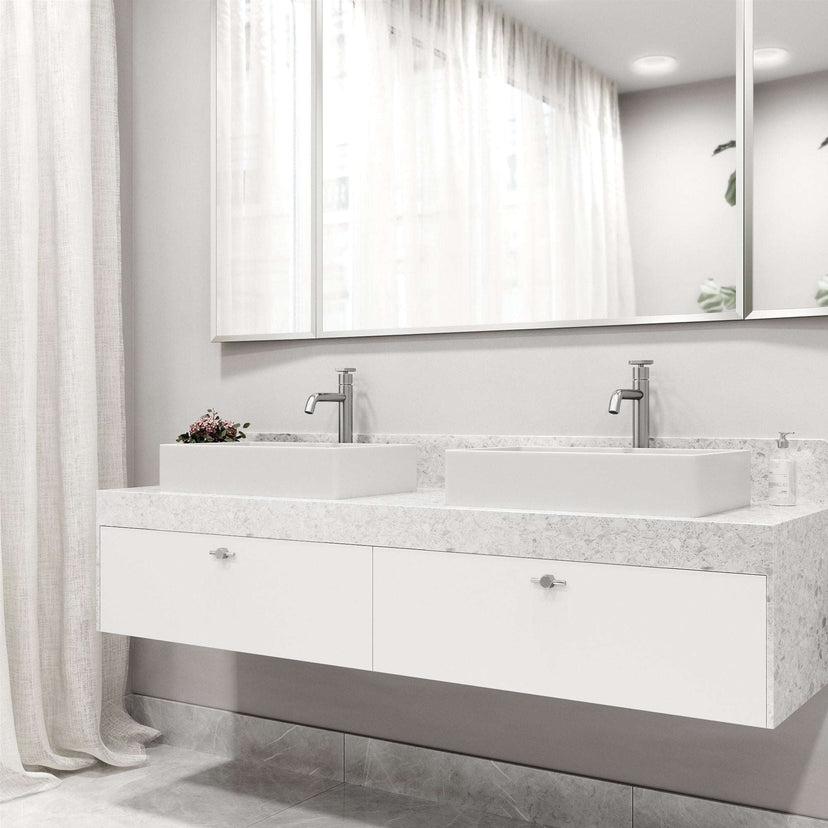 Modern deck-mounted faucet featuring ceramic disc valve and low flow