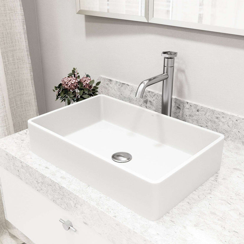 High arc spout vessel faucet in brushed nickel with corrosion resistant brass