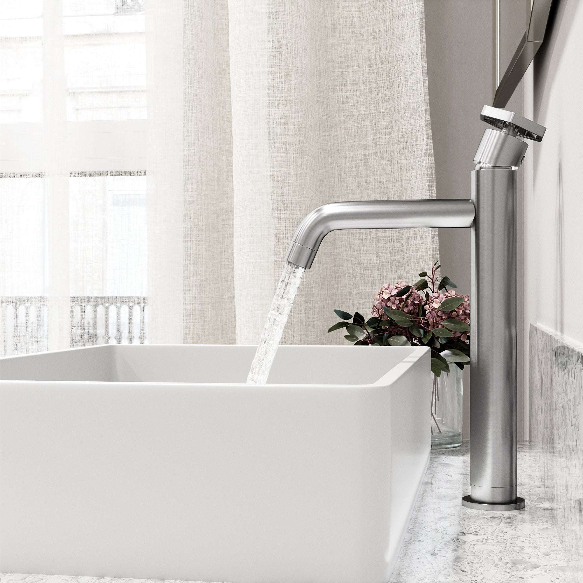Contemporary vessel faucet with lever handle and ceramic disc cartridge