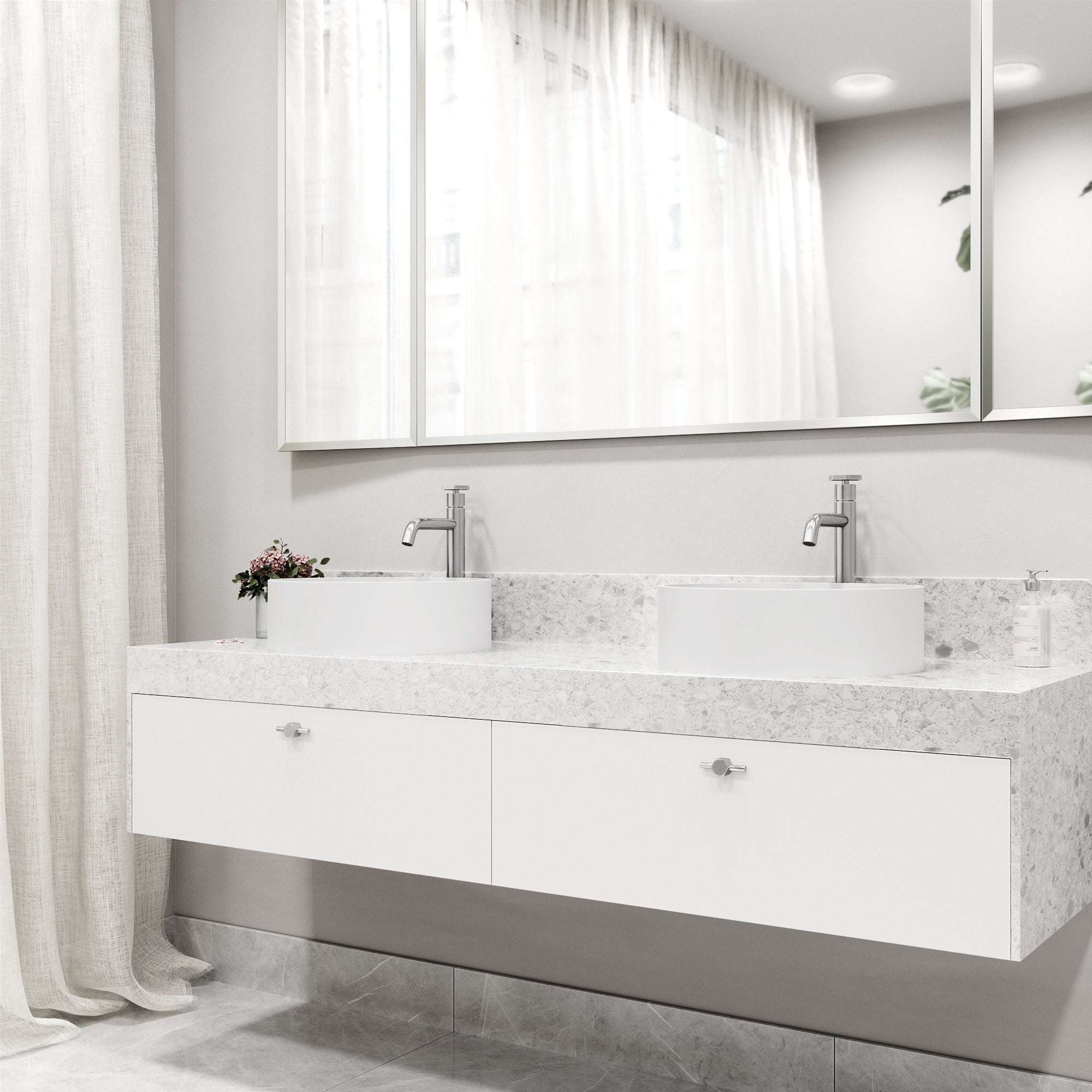 Modern deck-mounted faucet with ceramic disc valve and chrome finish