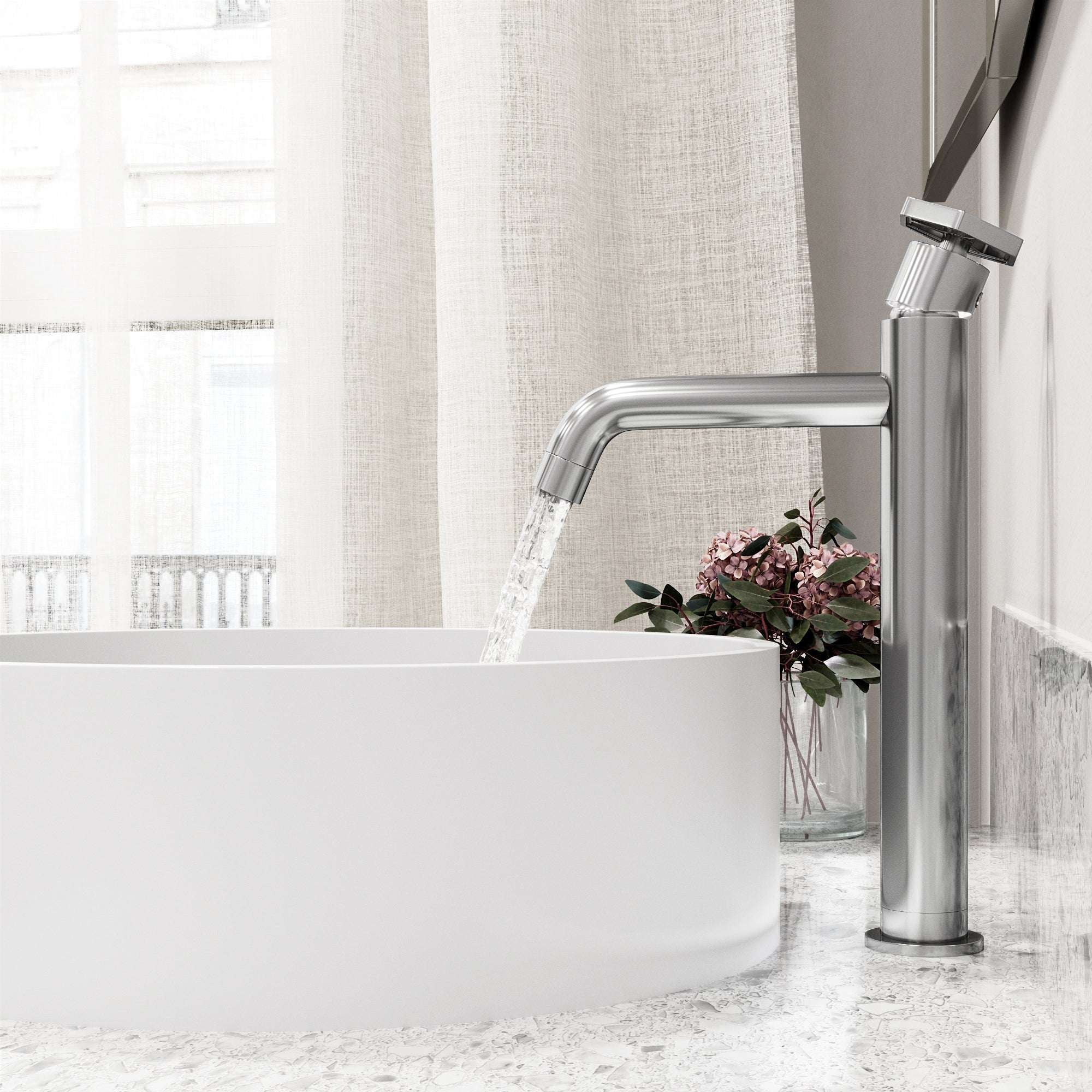 Contemporary vessel faucet with lever handle and ceramic disc cartridge
