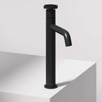 Matte black vessel faucet with high arc spout and lever handle