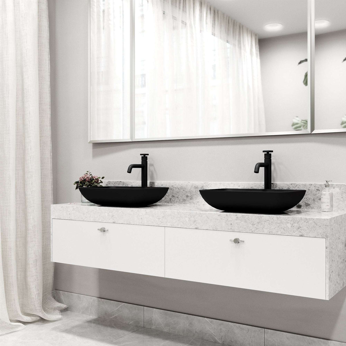 Modern deck-mounted faucet with ceramic disc valve and matte black finish