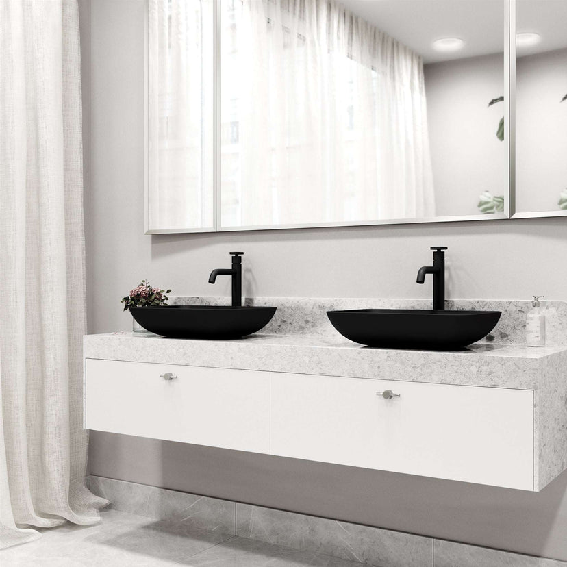 Modern deck-mounted faucet with ceramic disc valve and matte black finish