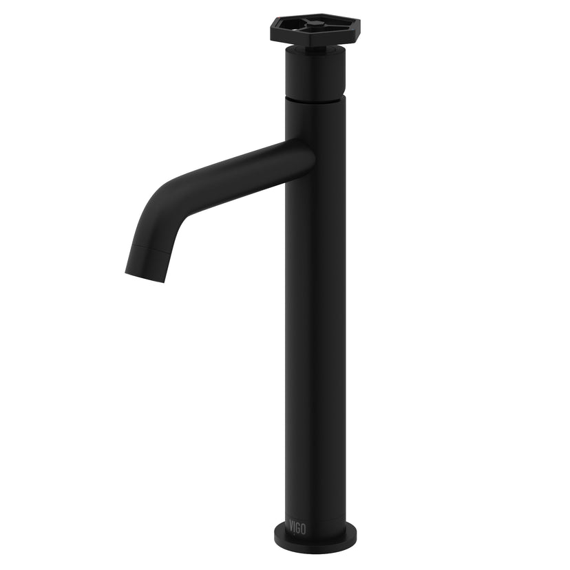 Brass vessel filler in matte black with low flow and included hardware
