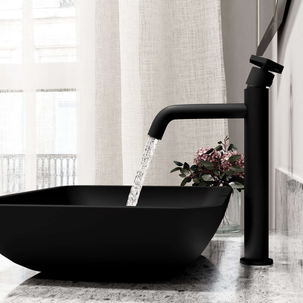 Contemporary vessel faucet with lever handle and ceramic disc cartridge