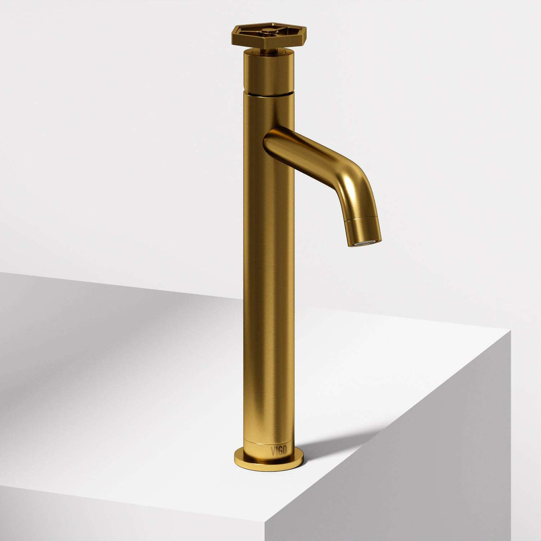 Matte brushed gold vessel faucet with high arc spout and lever handle