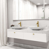 Modern deck-mounted faucet with ceramic disc valve and matte brushed gold finish