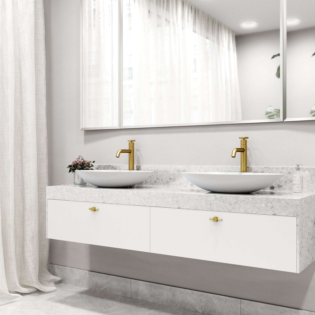 Modern deck-mounted faucet with ceramic disc valve and matte brushed gold finish