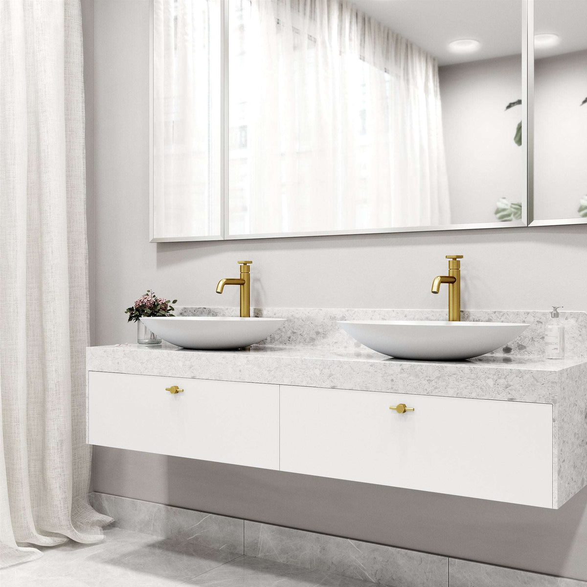 Modern deck-mounted faucet with ceramic disc valve and matte brushed gold finish