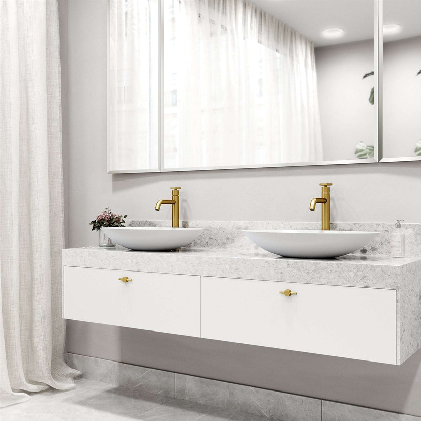 Modern deck-mounted faucet with ceramic disc valve and matte brushed gold finish