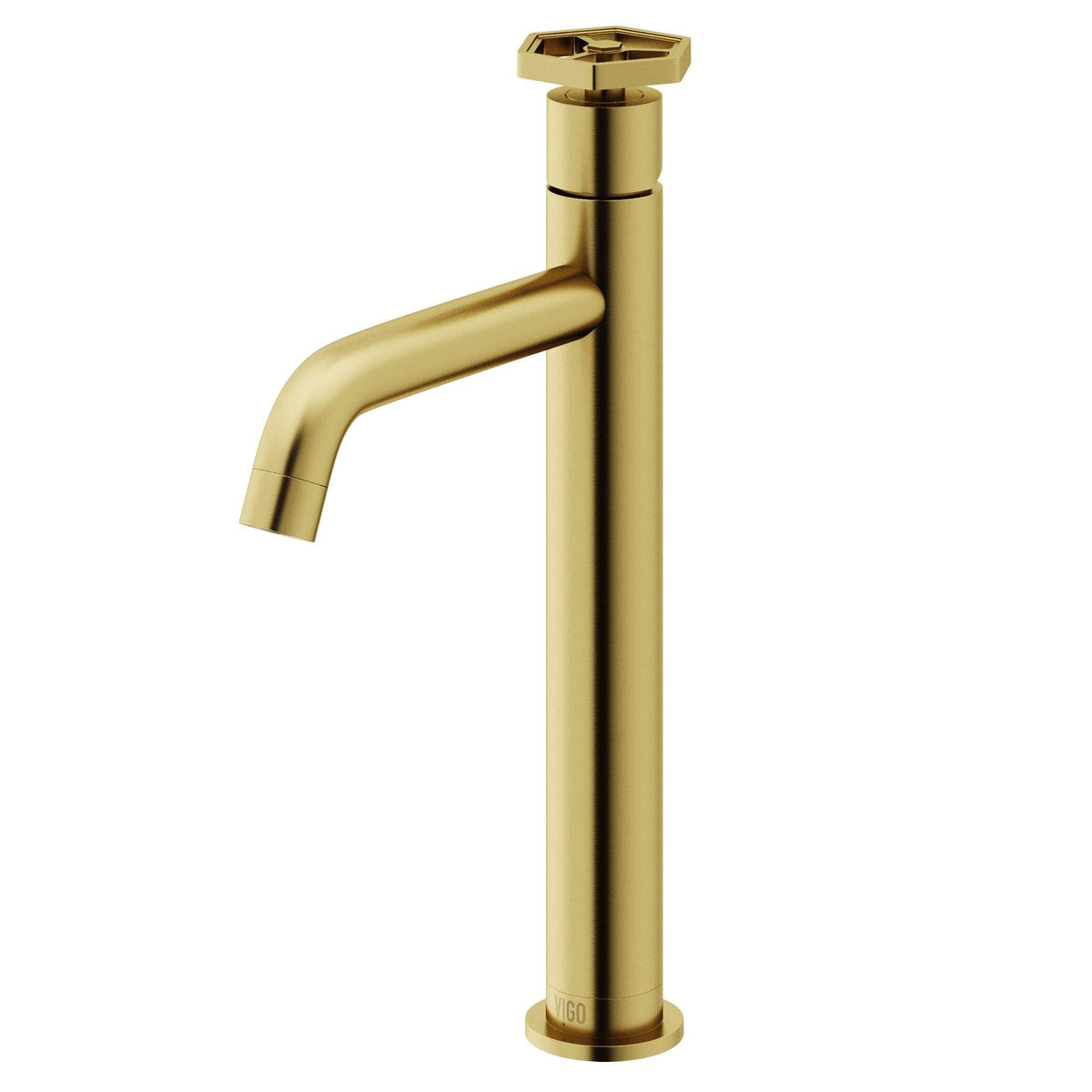 Brass vessel filler in matte brushed gold with low flow and included hardware