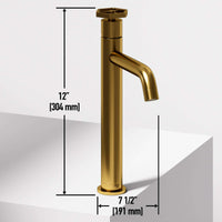 Deck-mounted matte brushed gold faucet featuring low flow and compression connection