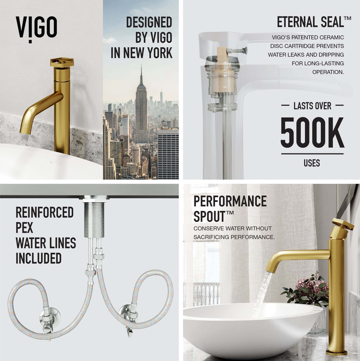 Matte brushed gold bathroom faucet with included supply lines and handles