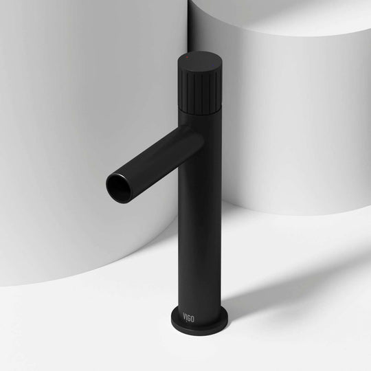 Matte black vessel faucet with high arc spout and lever handle