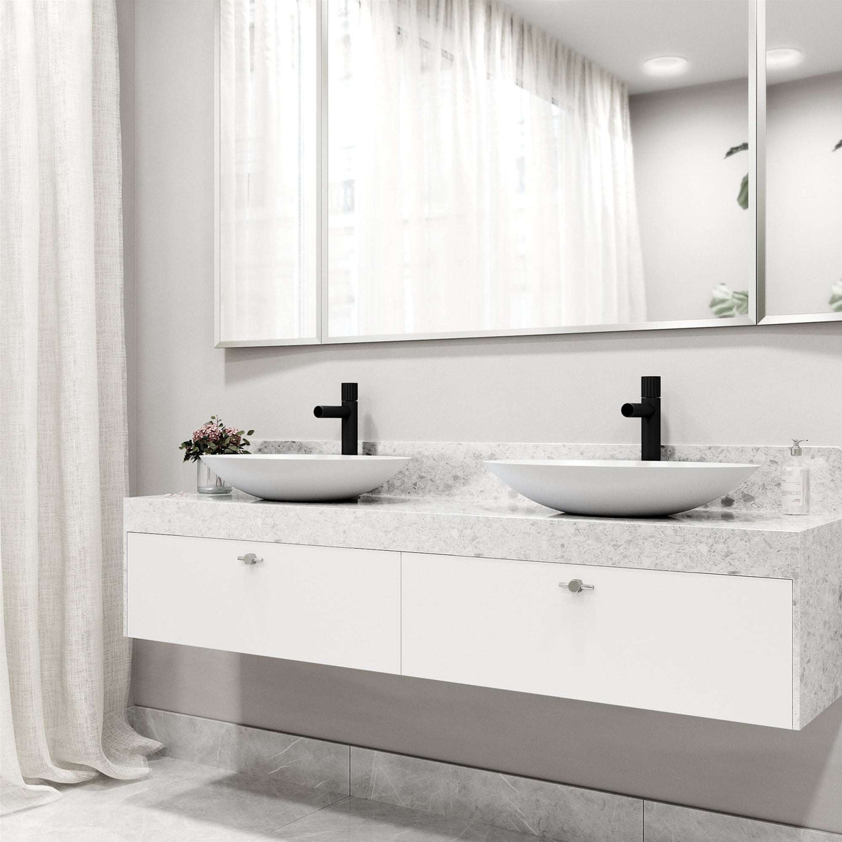 Low flow vessel faucet with NPSM threads and modern design