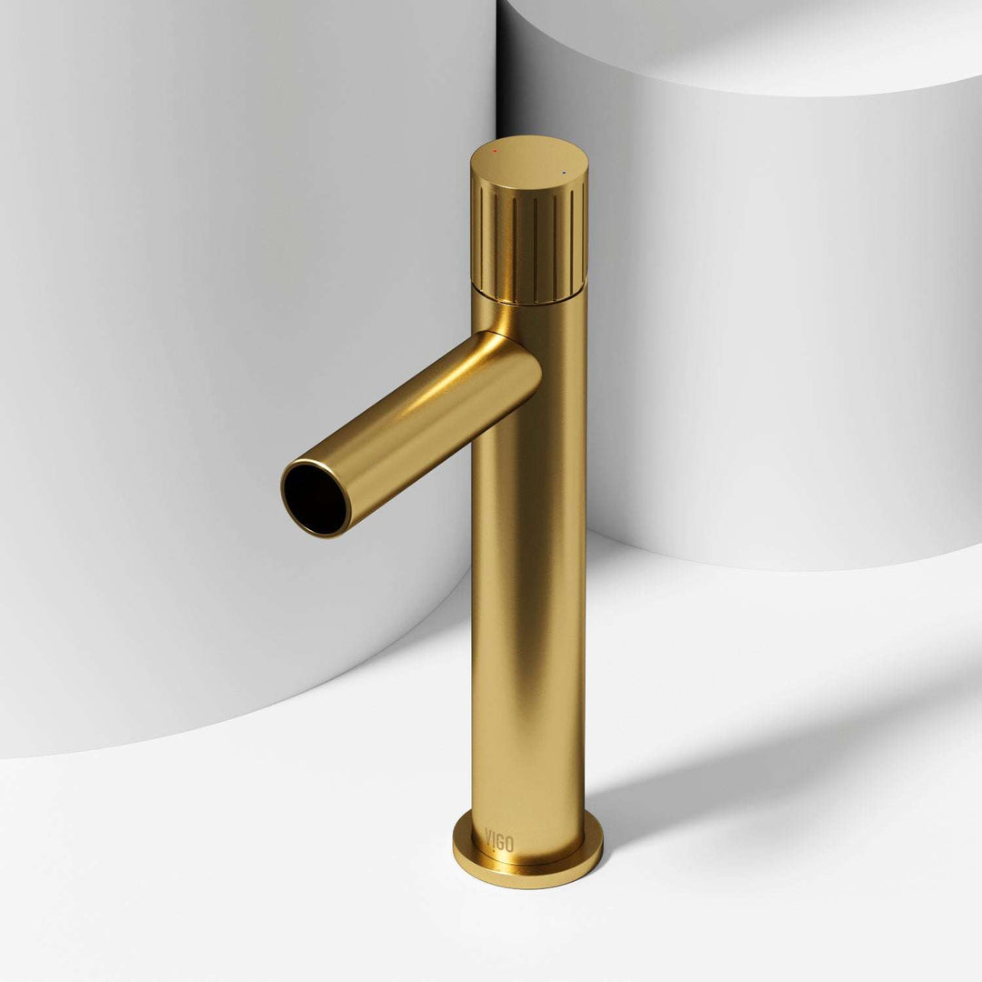Matte brushed gold vessel faucet with high arc spout and lever handle