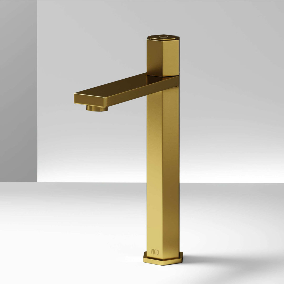 Matte brushed gold vessel faucet with high arc spout and ceramic disc cartridge