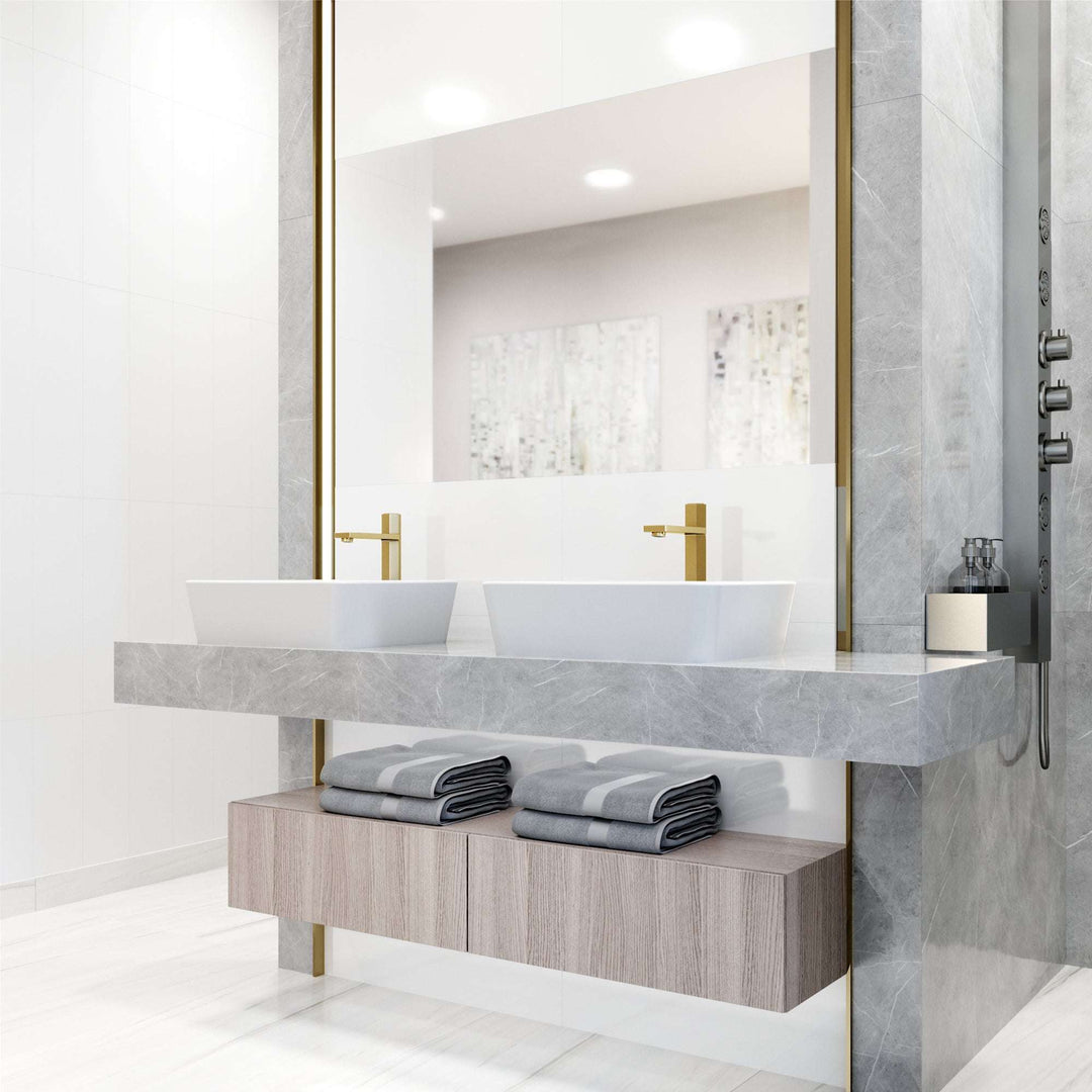 Modern deck-mounted faucet in matte brushed gold with knob handle