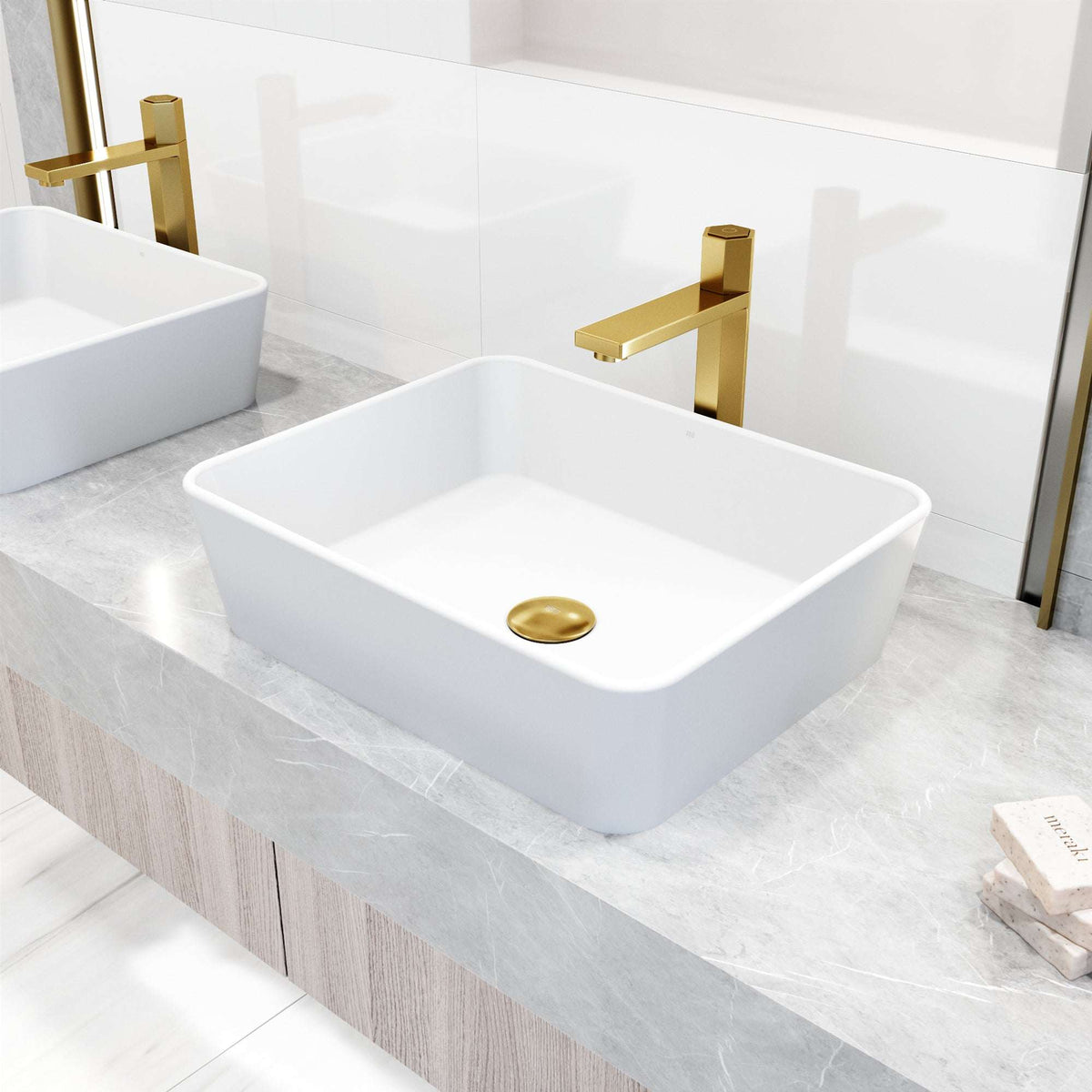 Low flow bathroom faucet in matte brushed gold, ceramic disk valve