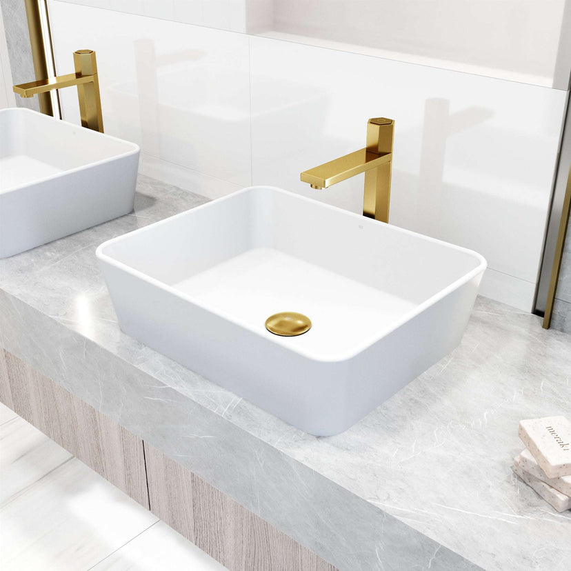 Low flow bathroom faucet in matte brushed gold, ceramic disk valve