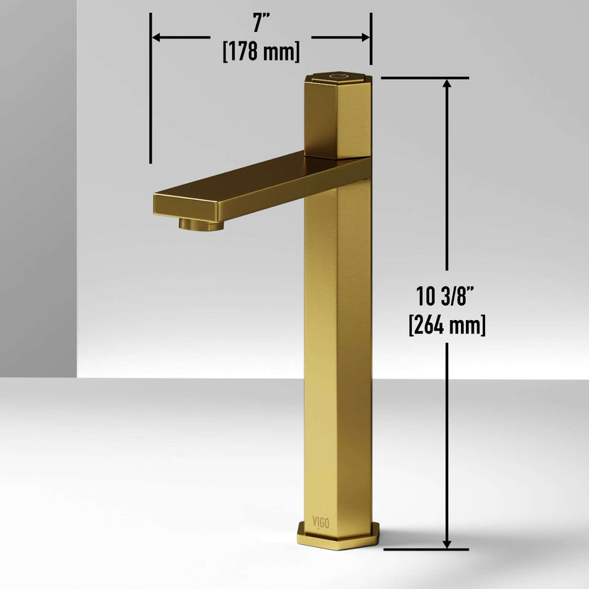 Contemporary vessel faucet with matte brushed gold finish and high arc design