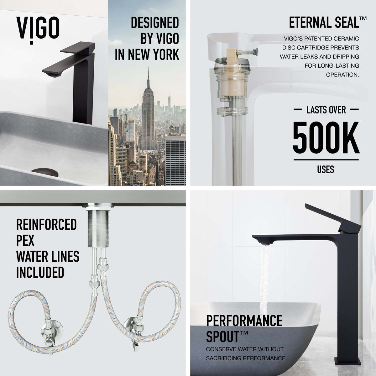 Vessel faucet with matte black finish and included supply lines