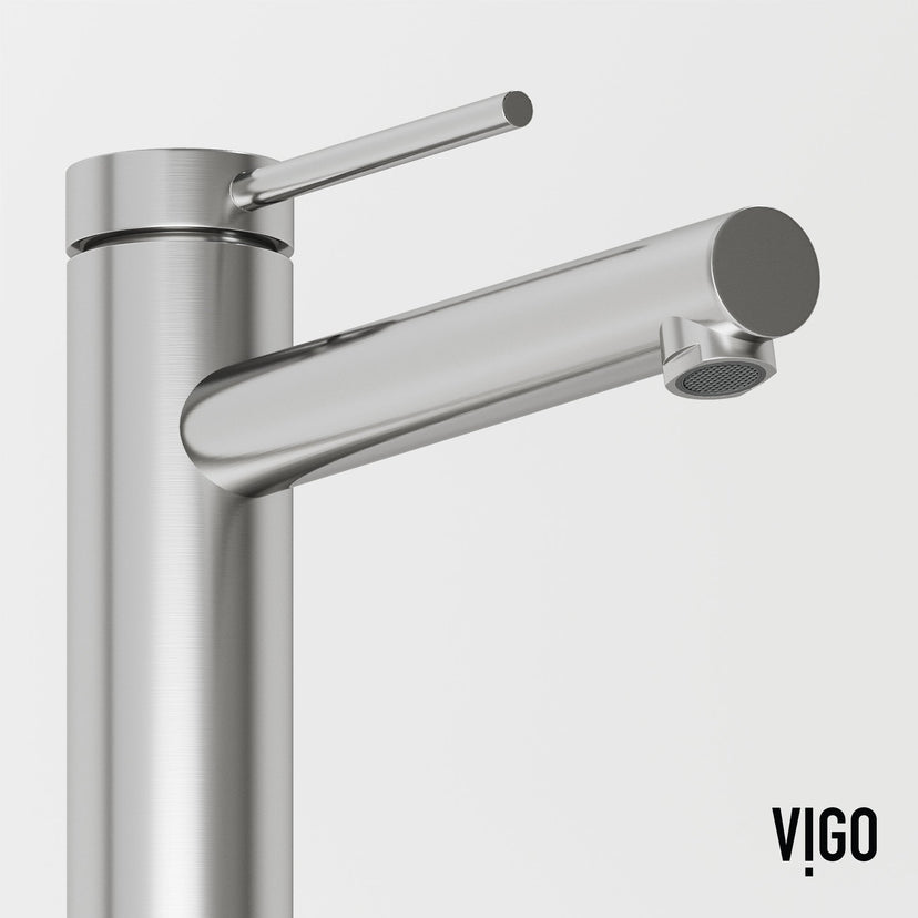 Deck-mounted vessel filler with ceramic disk valve and brushed nickel finish