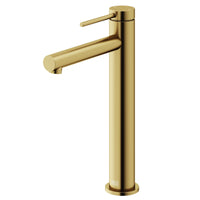 Modern bathroom faucet with matte brushed gold finish and high arc spout