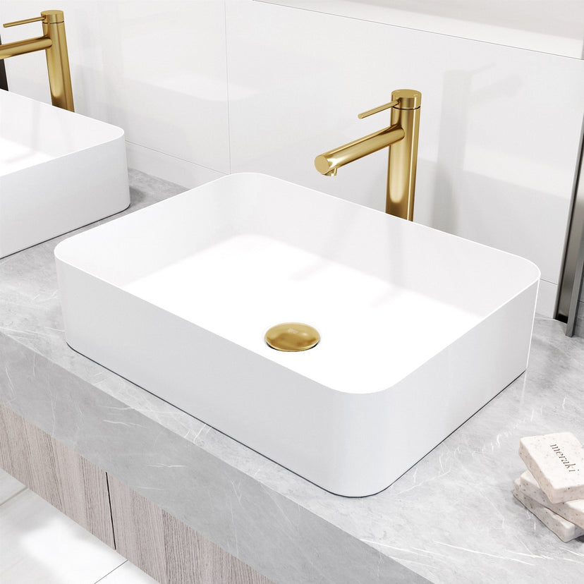 Modern deck-mounted bathroom faucet in matte brushed gold finish