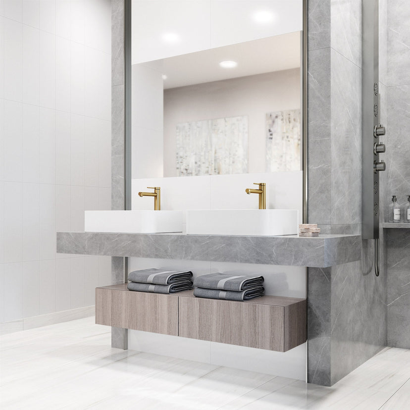 Low flow vessel faucet with matte brushed gold finish and NPSM threads