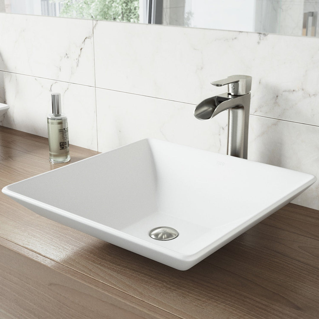Handmade matte stone vessel sink in square shape for contemporary bathroom design